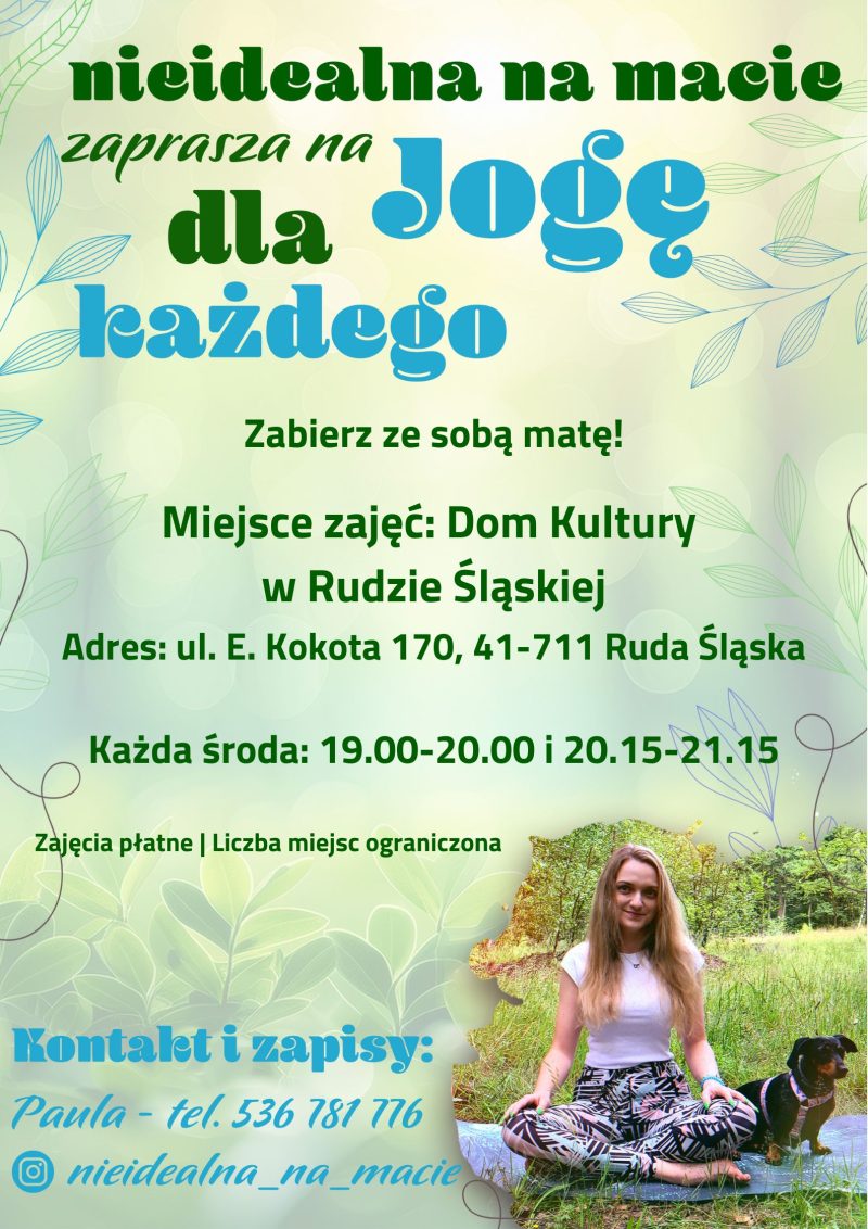 Plakat.Na zielonym, roślinnym tle kobieta na macie i pies.