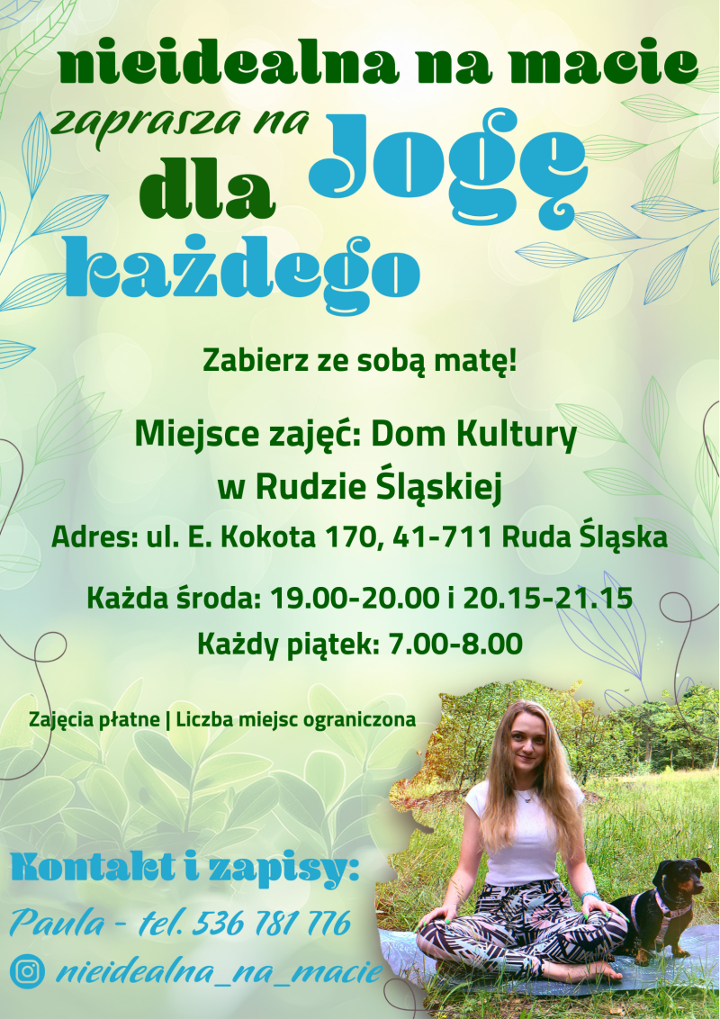 Plakat. Postać kobiety ćwiczącej jogę wśród roślinności.