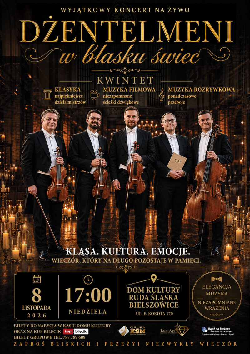 Plakat, na fotografii muzycy z instrumentami