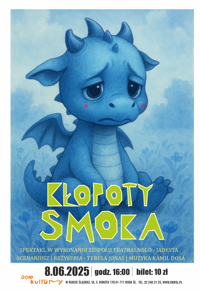 Niebieski, smutny smok na łące.