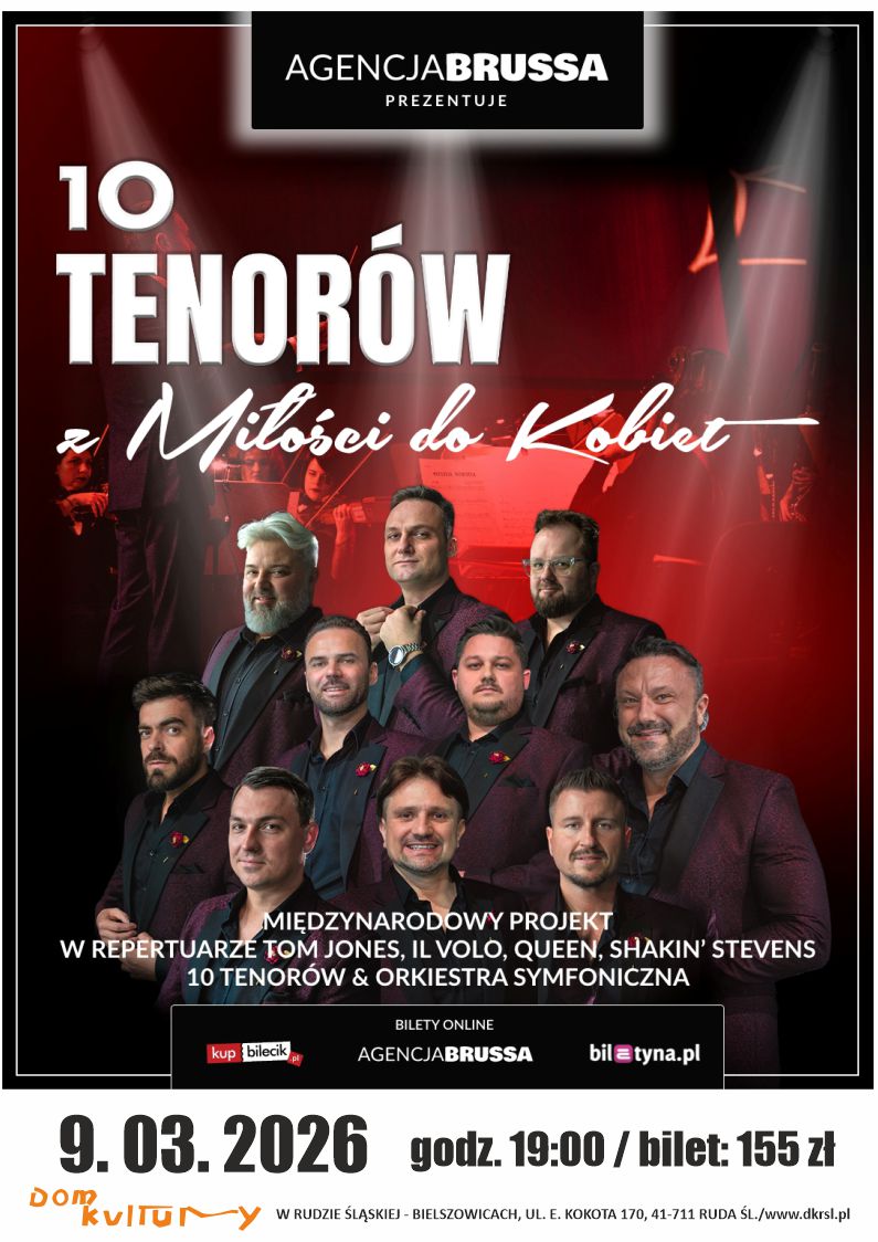 Plakat. na ciemnoczerwonym tle fotografie tenorów.