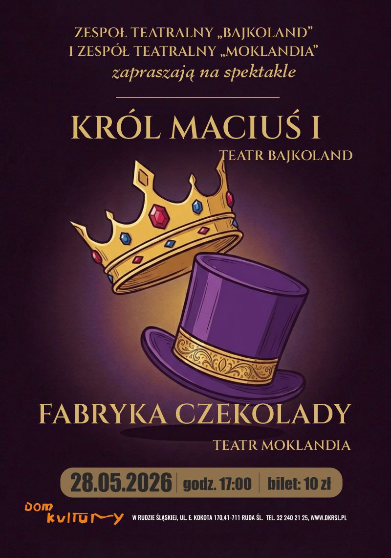 Grafika.Na fioletowym tle korona i kapelu