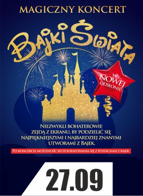 Grafika. Na granatowym tle złoty, bajkowy zamek.