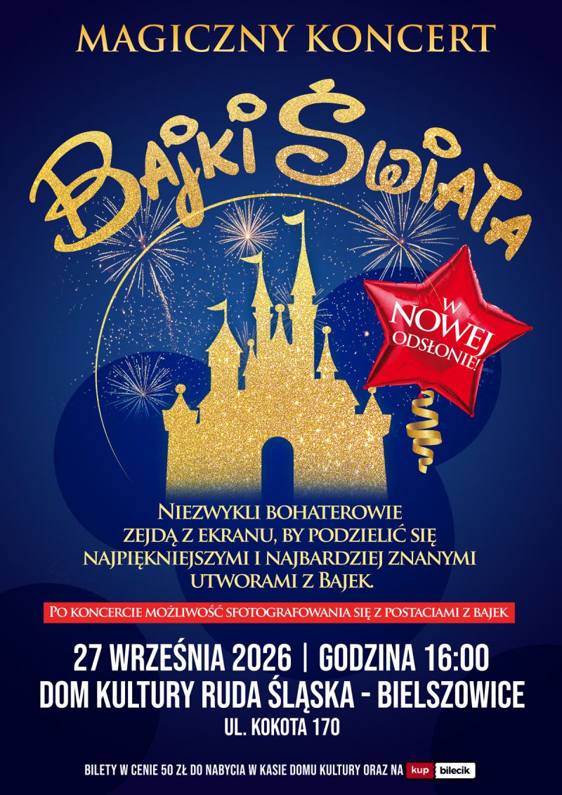 Grafika. Na granatowym tle złoty, bajkowy zamek.