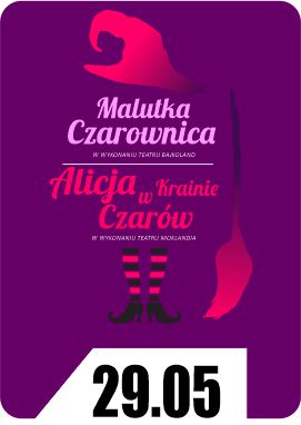 Grafika. Na fioletowym tle zarys czarownicy.