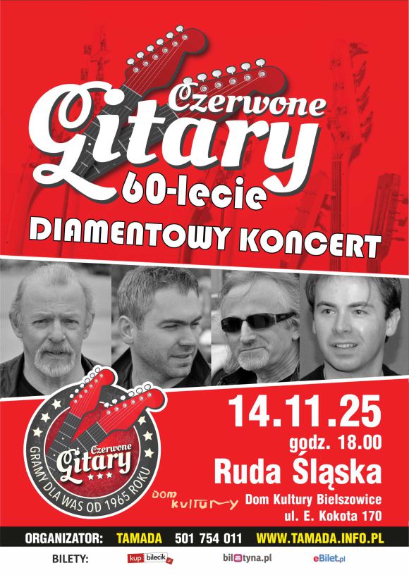 Plakat. na czerwonym tle czarno-białe fotografie muzyków Czerwonych Gitar.