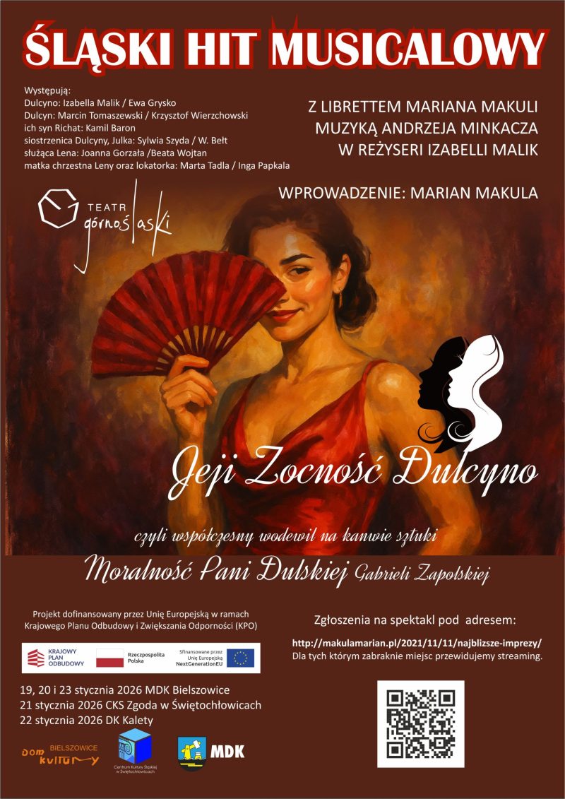 Plakat. Kobieta z czerwonym wachlarzem na brązowym tle.