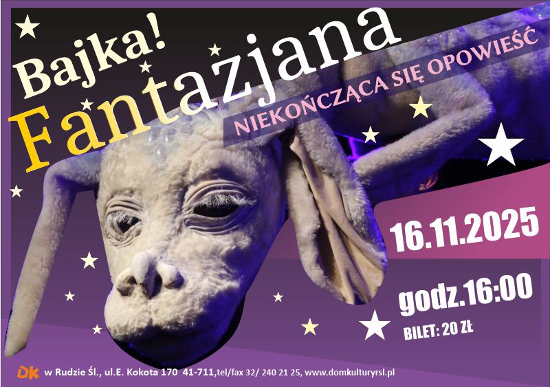 Plakat.Fioletowe tło a na nim bajkowy, pluszowy smok.