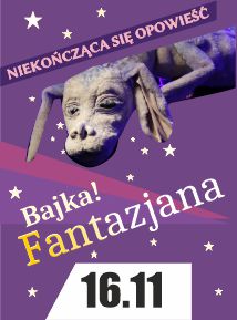 Fioletowe tło a na nim bajkowy, pluszowy smok.