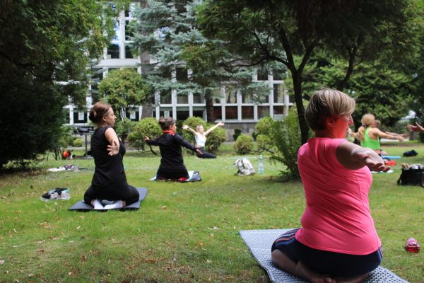 Fotografia. Uczestniczki zajęć jogi w otoczeniu zieleni.