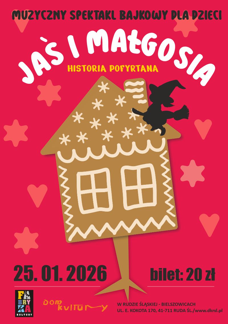 Na czerwonym tle domek z piernika na kurzej nóżce.