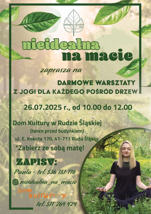 Plakat. Postać kobiety ćwiczącej jogę wśród roślinności.