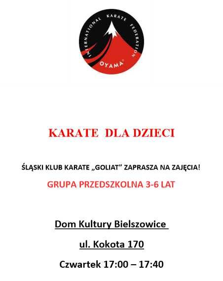 Czerwono-czarny afisz zachęcający do udziału w zajęciach karate.