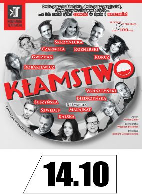 Czarno-białe zdjęcia aktorów w kręgu, czerwony napis kłamstwo.