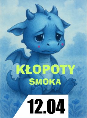 Grafika. Smutny niebieski smok na łące.