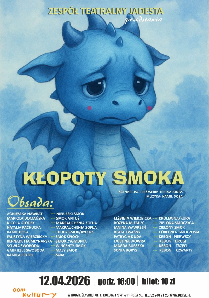 Grafika. Smutny niebieski smok na łące.