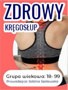 Plakat. Na fotografii plecy kobiety oraz graficzny zarys kręgosłupa. Pomarańczowe tło, niebieskie liternictwo.