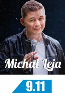 Michał Leja - fotografia na granatowym tle. Białe liternictwo.