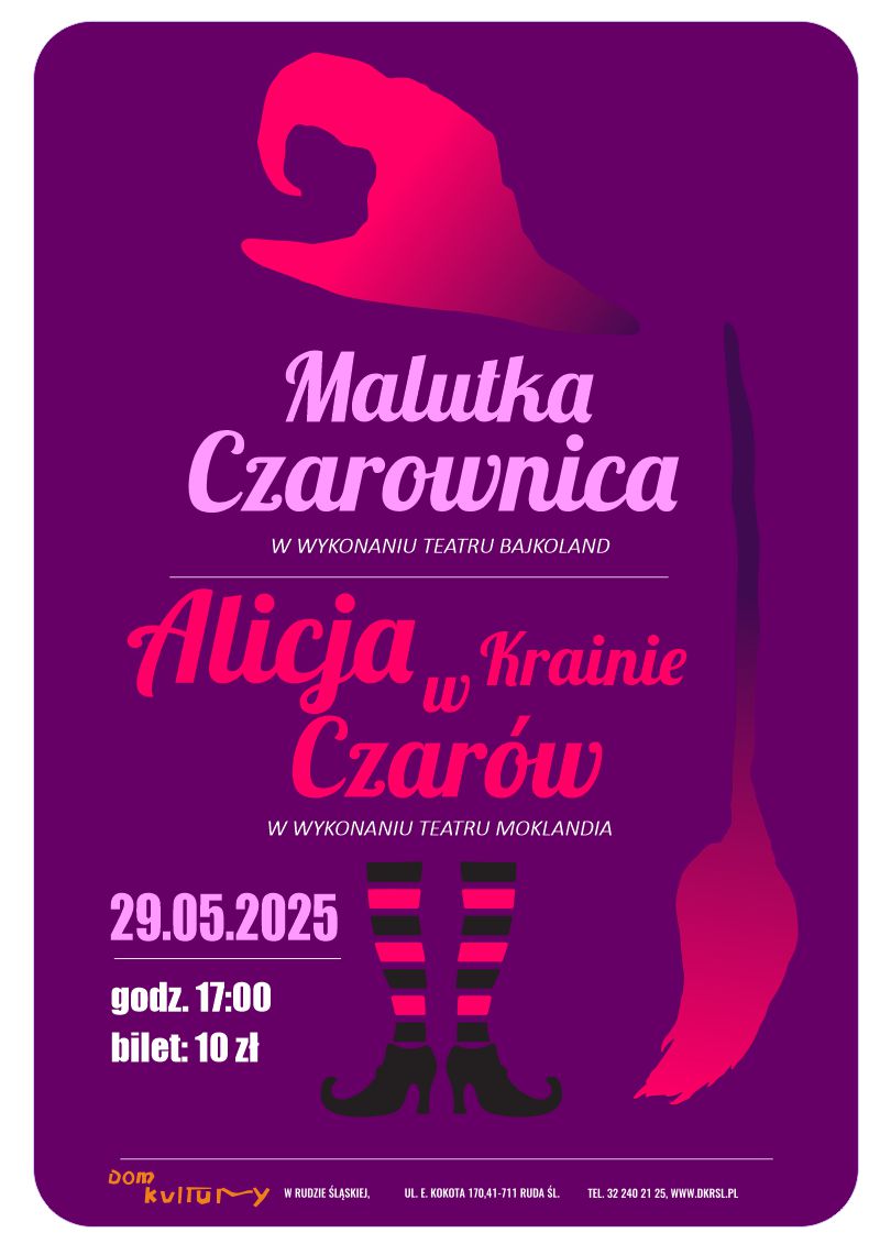 Grafika. Na fioletowym tle zarys czarownicy.