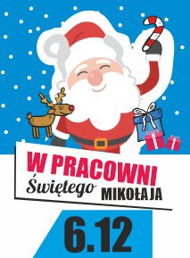 Grafika. Na niebieskim tle postać Mikołaja.