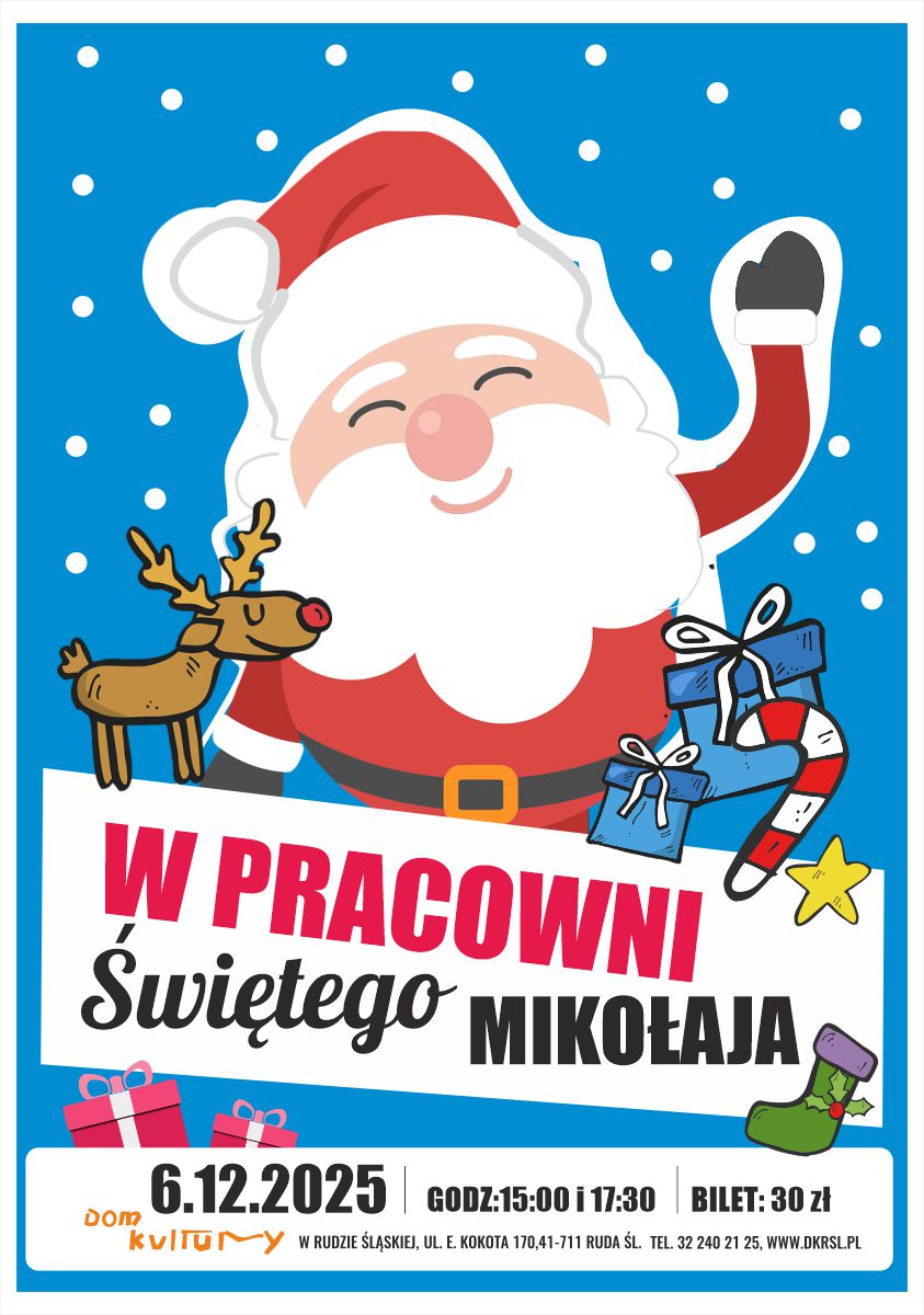 Grafika. Na niebieskim tle postać Mikołaja.