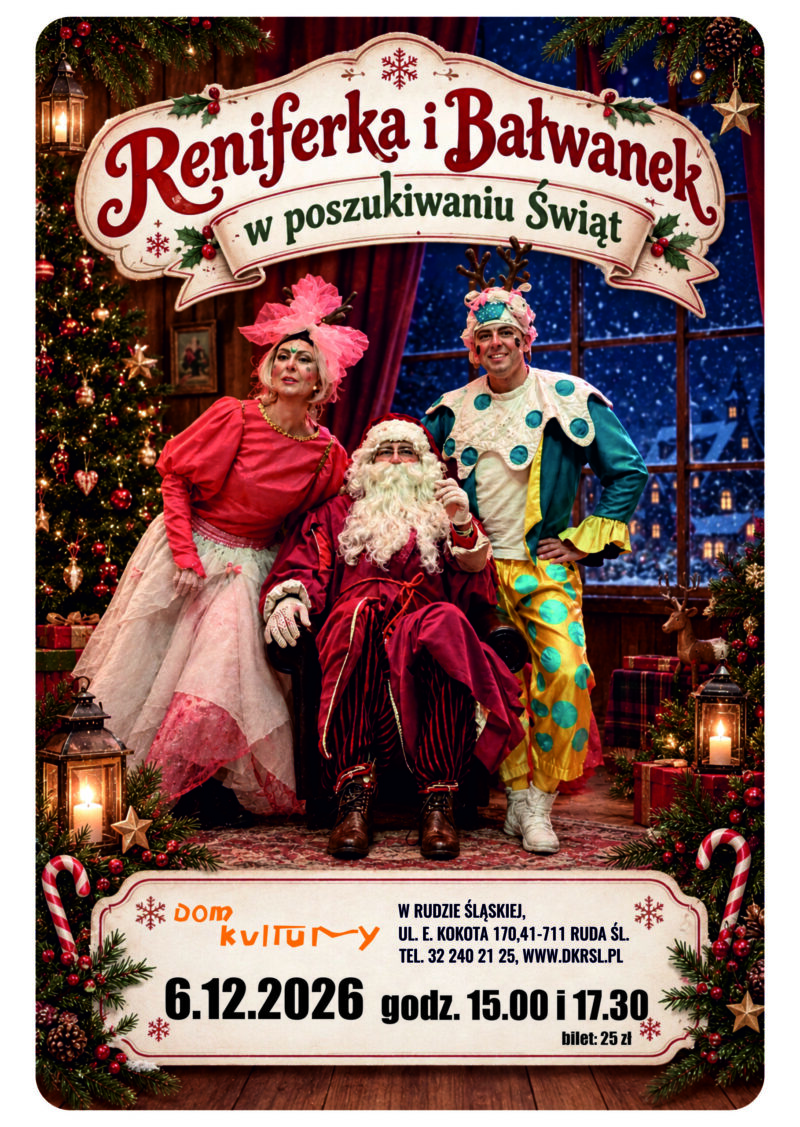 Plakat. Reniferka i Bałwanek z Mikołajem.
