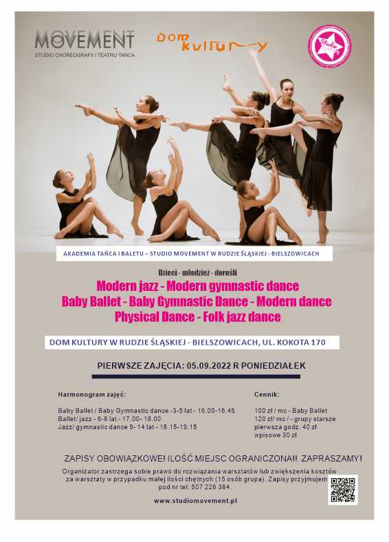 Plakat reklamujący zajęcia taneczne sekcji Movement. Zdjęcia baletnic na bezowym tle. Różowe liternictwo.