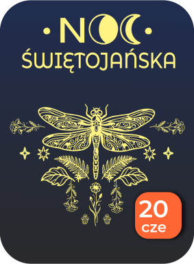 Grafika. Na granatowym tle złote ważki i elementy roślinne.