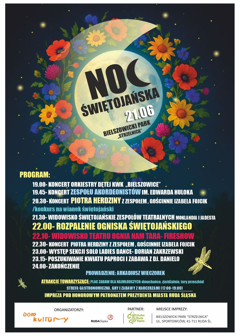 Plakat. na granatowym tle księżyc i wianek z polnych kwiatów.