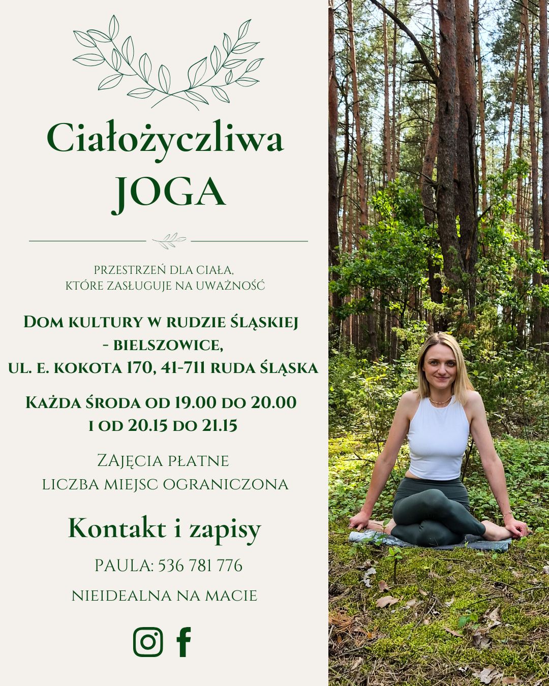 Plakat.Siedząca kobieta na tle drzew.