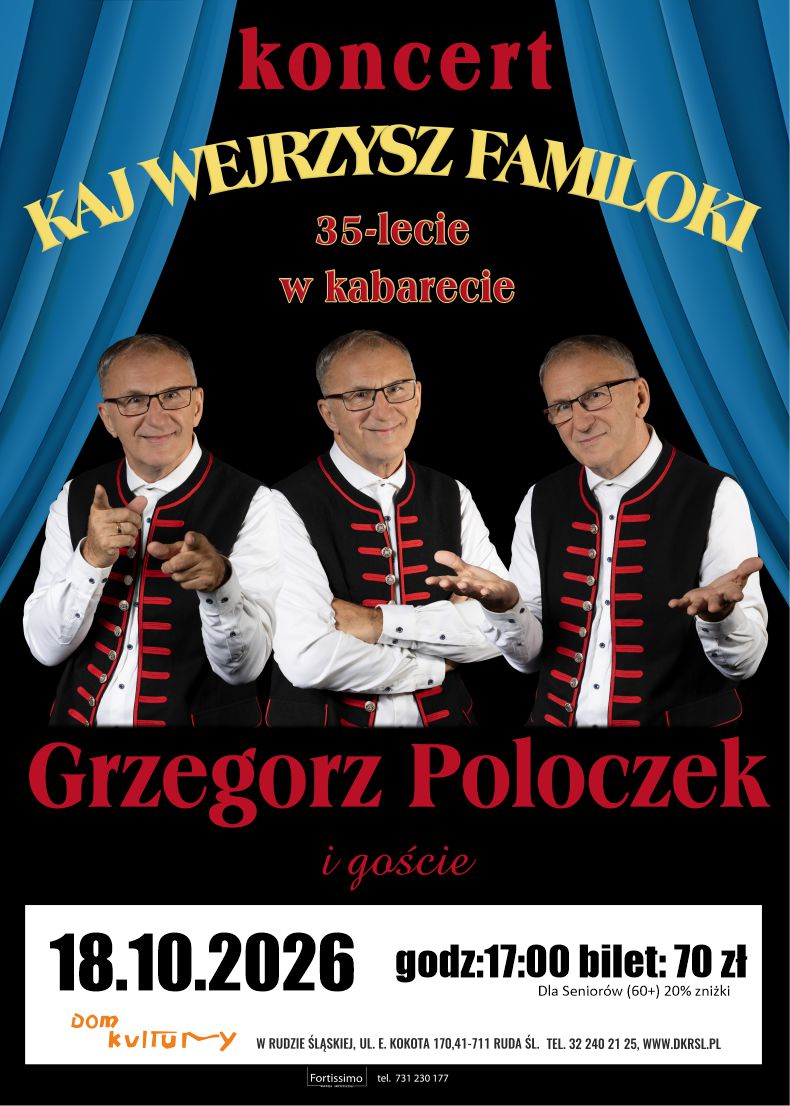 Grafika. Na tle bordowej kotary fotografia Grzegorza Poloczka.