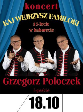 Grafika. Na tle bordowej kotary fotografia Grzegorza Poloczka.