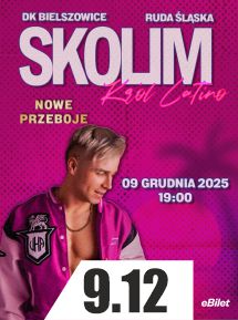 Grafika. Na różowym tle fotografia Skolima.