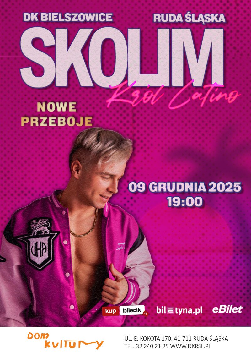 Grafika. Na różowym tle fotografia Skolima.