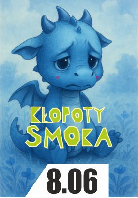 Niebieski, smutny smok na łące.
