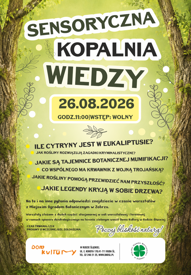 Plakat informacyjny z elementami roślinnymi w kolorze zieleni.