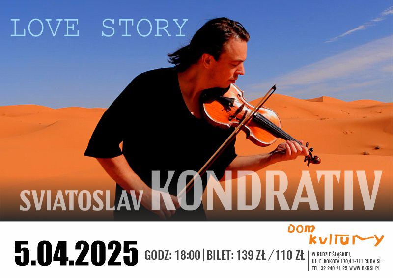 Zapraszamy na Koncert “Love Story” w wykonaniu najromantyczniejszego skrzypka świata - Sviatoslava Kondrativa! Sviatoslav Kondrativ - słynny skrzypek, kompozytor, showman. Jego projekt #ŚwiatOczymaSkrzypka zasłynął dzięki niesamowitym filmom, które skrzypek zrealizował do własnych kompozycji w najpiękniejszych miejscach świata - Wydmach Sahary, Fiordach Norwegii, Wyspach Kanaryjskich, Grecji, w Wenecji, Barcelonie, ​​Paryżu… W ciągu ostatnich 5 lat Artysta dał ponad 200 koncertów w najbardziej prestiżowych salach, wśród nich Filharmonia Bałtycka w Gdańsku, Teatr Operowy we Lwowie, Filharmonia w Kharkowie, Sviatoslav jest Absolwentem Lwowskiej Akademii Muzycznej, który doskonale odnajduje się również w stylach jazzu, popu, klasyki. Jego sposób wykonania utworów tworzy wspaniałą atmosferę, a niezapomniane wrażenia na długo pozostaną w Twojej pamięci. W dużym, ekskluzywnym programie przygotowanym przez Maestro dla swoich fanów znajdą się najbardziej znane i romantyczne kompozycje Artysty – „LoveStory”, „TrueLove”, „Droga na wydmach”, „Hola, Barcelona”, „Legzira”. ”, „Skrzypce płaczą, skrzypce się śmieją”, „Carnival”, „Parga”, „Copacabana”, Kupala” i inne. Podczas całego koncertu klipy nakręcone w najpiękniejszych i najbardziej niesamowitych miejscach na świecie – Fiordach Norwegii, Wydmach Sahary, Wyspach Kanaryjskich, Wybrzeżu Oceanu Atlantyckiego w Afryce, w Wenecji, Barcelonie, Grecji - będą emitowane na dużym ekranie. Zapraszamy! Twoje emocje czekają na Ciebie! 