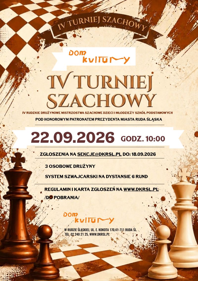 Plakat. Figury szachowe na brązowym tle.