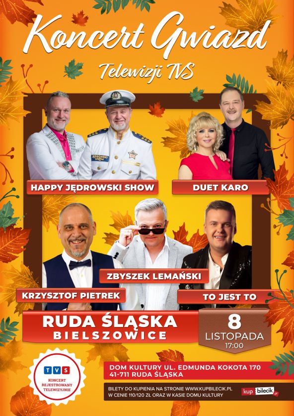 Grafika dekoracyjna w jesiennych barwach. Fotografie gwiazd telewizji TVS.
