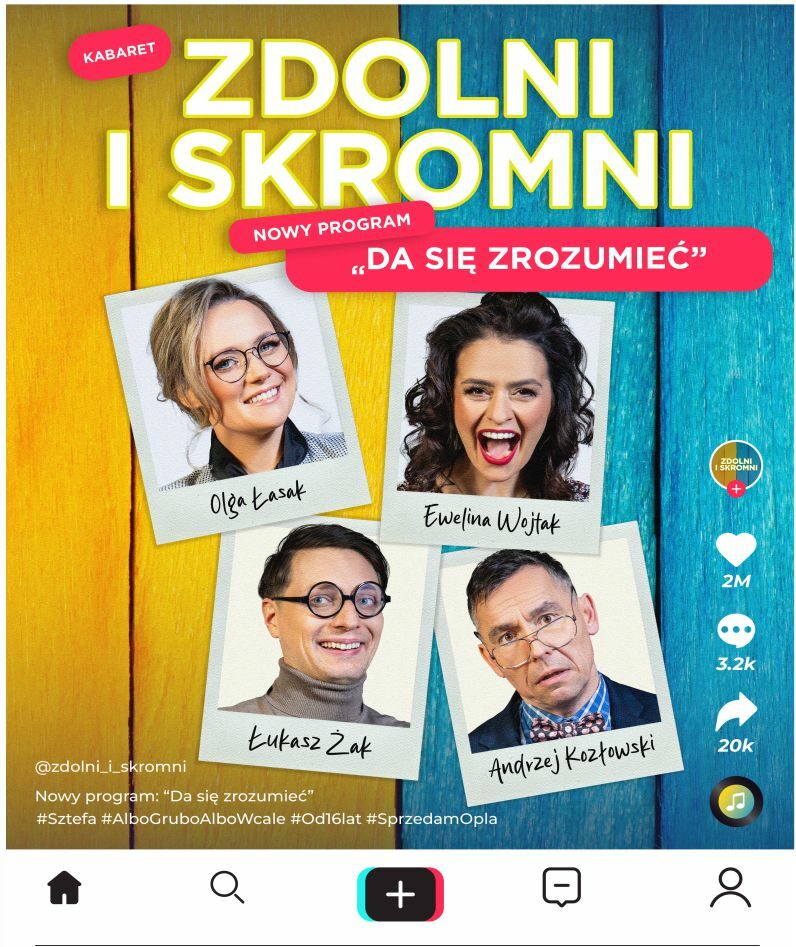 Plakat. Fotografie artystów kabaretu Zdolni i skromni. Żółto-niebieskie tło.